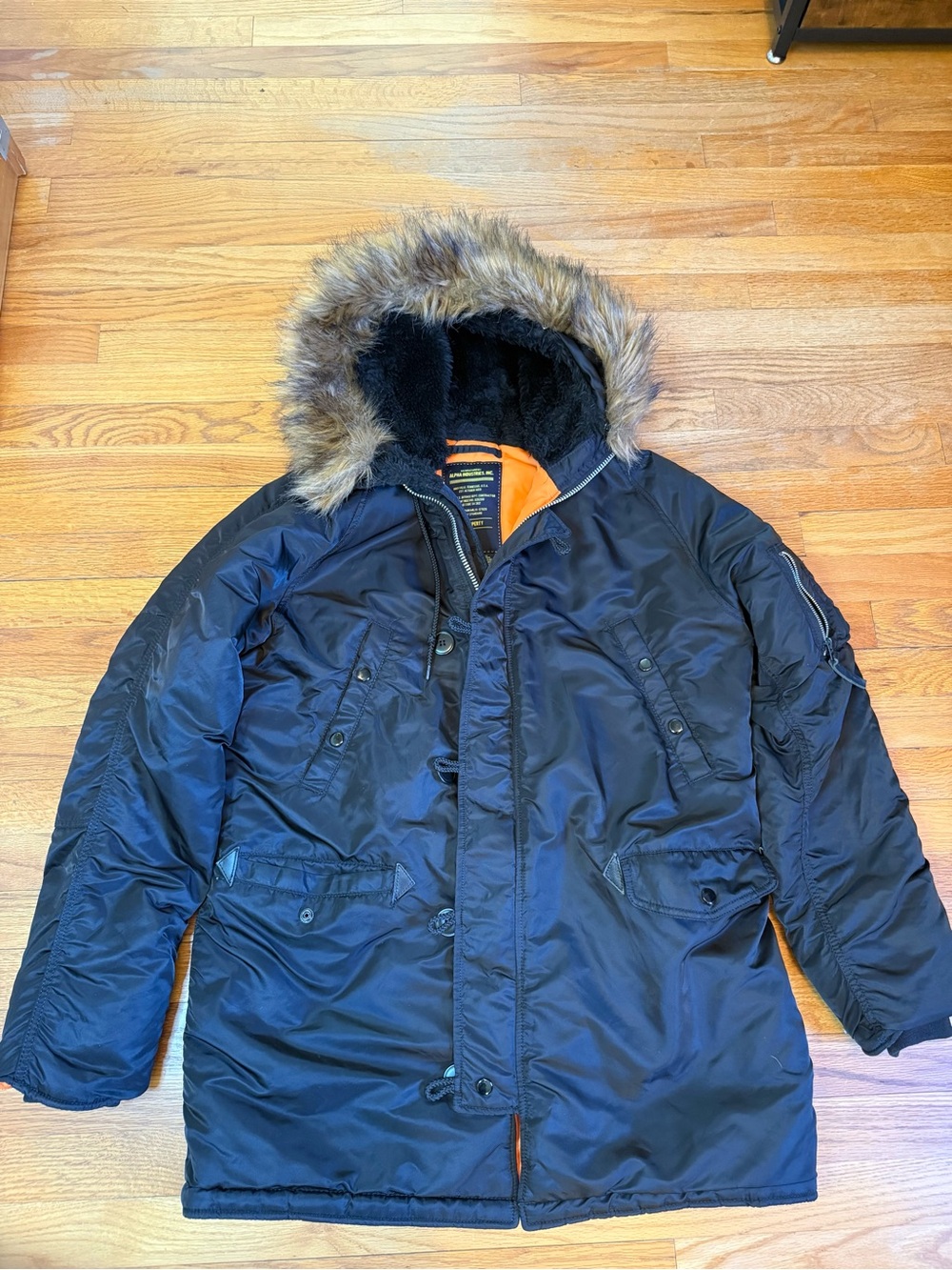 Alpha Industries N-3B Black Parka with Faux-Fur Hood Size XL